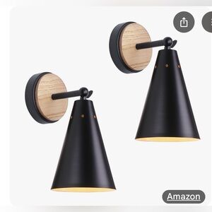 Set of 2 Rustic Farmhouse Black Metal and Wood Wall Sconces